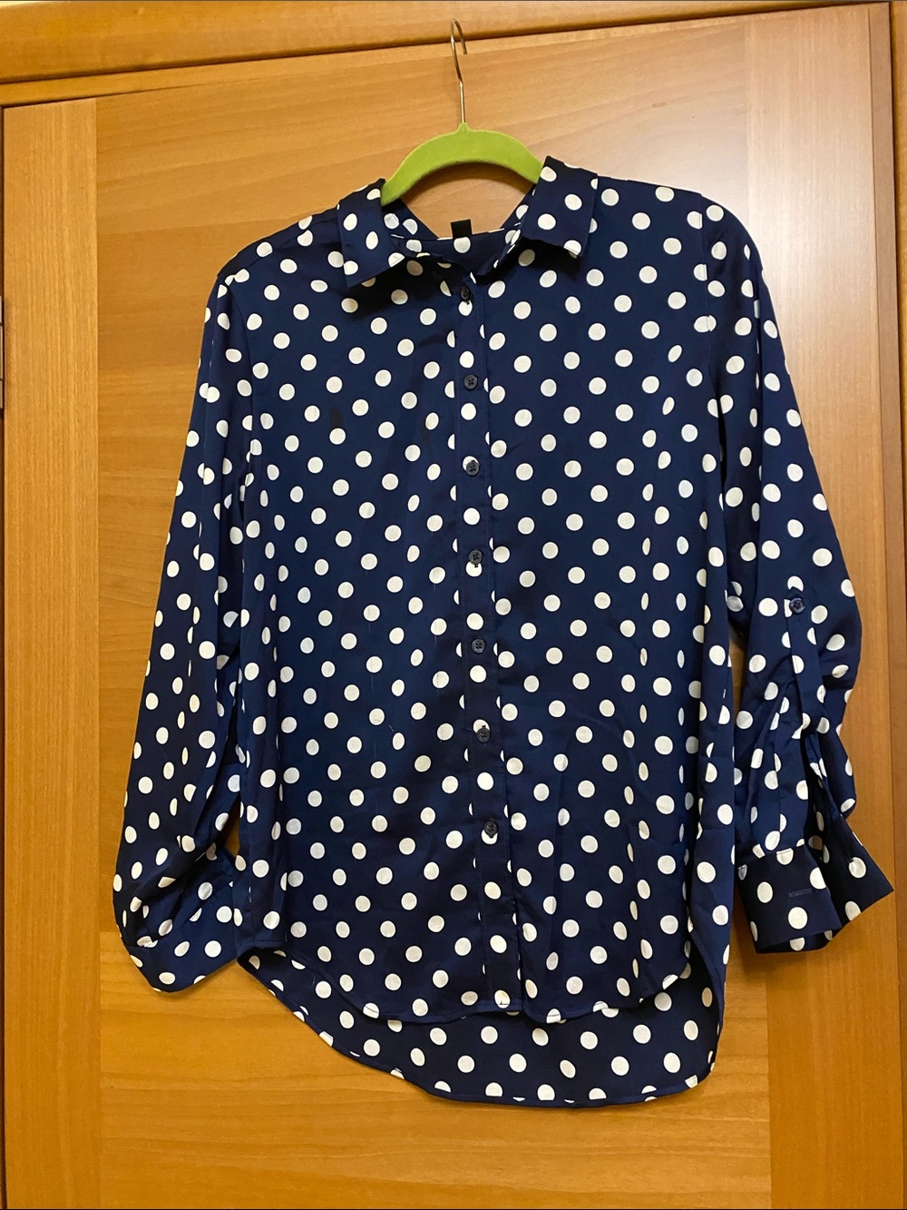 Ann Taylor Navy and White Polka Dot Button-Down Shirt